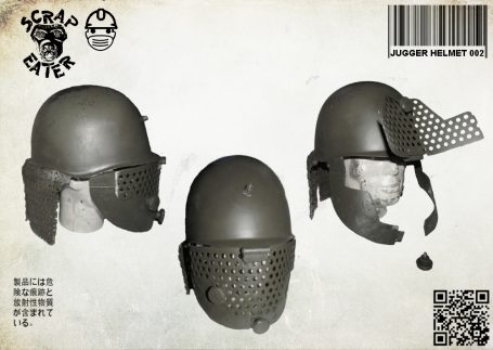 Post-Apocalyptic Wasteland Endzeit jugger helmet with neck guard and foldable face shield.