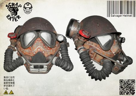 Post-Apocalyptic Wasteland Endzeit salvager helmet with gasmask funktion and integral flashlight.