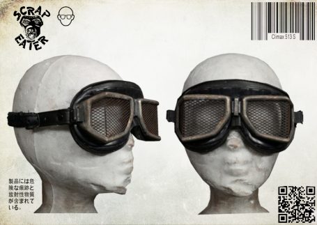Post-Apocalyptic Wasteland Endzeit Protective goggles with lenses, rusted mesh, and black leather frame.